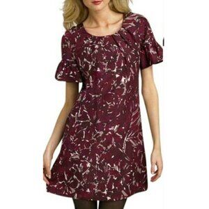 Trina Turk Sakura dress silk wool dark red abstract print ruffle sleeve mini